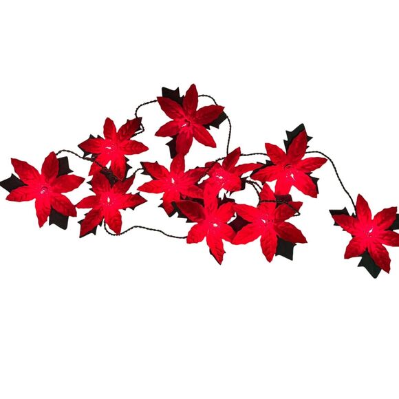 Vintage Velvet Poinsettia Christmas Tulip Reflector Red 10 Light Strand - Picture 6 of 9